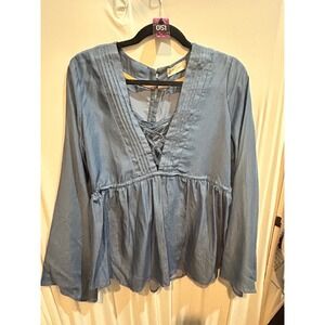 Alta Dena Blue Lace Up Peplum Top Long Sleeve Blouse‎ Womens